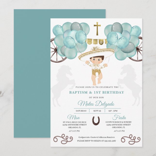 Convites Dourado e Teal Blue Baby Boy Charro Baptism (Frente/Verso)