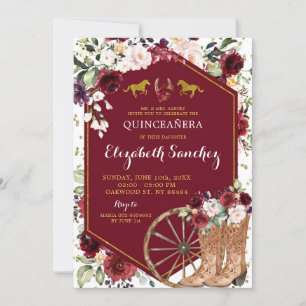 Convites Dourado e Vermelho Borgonha Ocidental Charra Quinc
