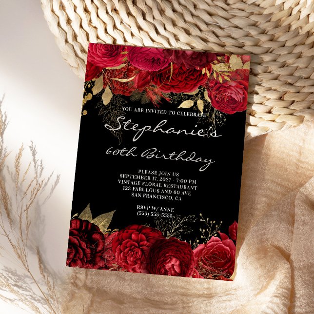 Convites Dourado e Vermelho Floral 60º Aniversário Negro e  (Create your own red and gold floral glam invite.)