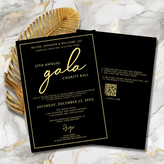 Convites Dourado Elegante de Fundraiser Elegante de Evento  (Charity Gala Ball Fundraiser Black and Gold Invitation with Script Calligraphy, QR Code.)