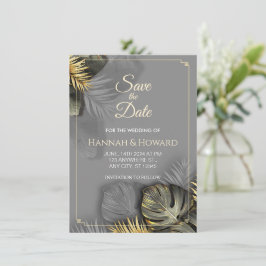 Convites Dourado Elegante e Cinza Botânica, Tropical