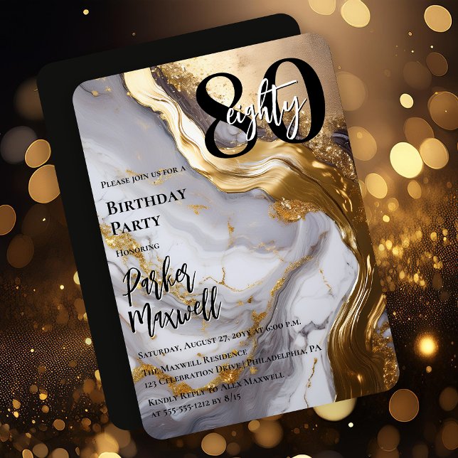 Convites Dourado elegante | Festa de aniversário White Marb (Sleek Faux Gold and White Marble Modern "80" 80th Birthday Party Invitation - Print | Digital )