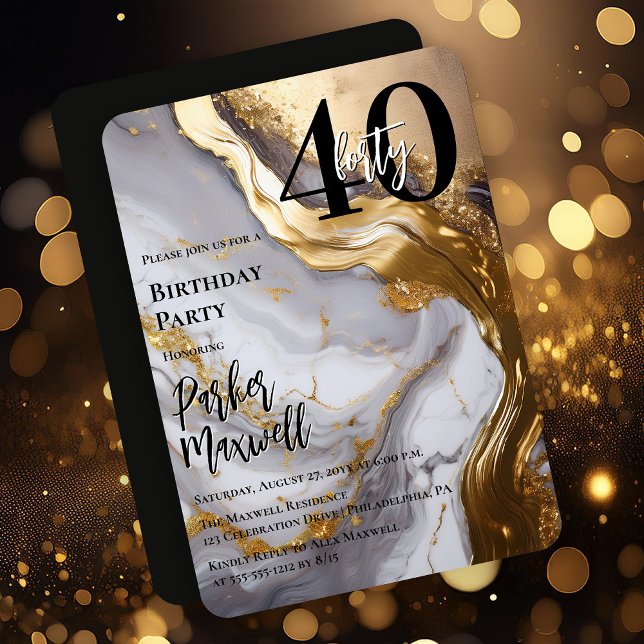 Convites Dourado elegante | Festa de aniversário White Marb (Sleek Faux Gold and White Marble Modern "40" 40th Birthday Party Invitation - Print | Digital )