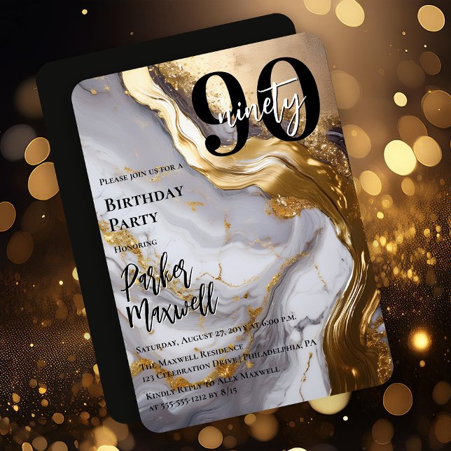 Convites Dourado elegante | Festa de aniversário White Marb (Sleek Faux Gold and White Marble Modern "90" 90th Birthday Party Invitation - Print | Digital )