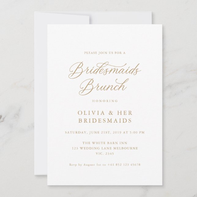 Convites Dourado Elegante Modern Script Bridesmaids Brunch (Frente)