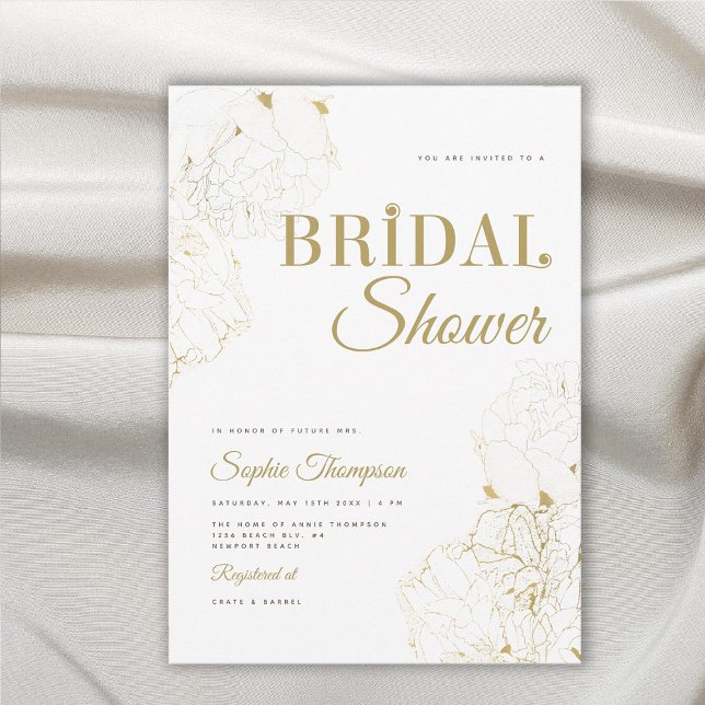 Convites Dourado Elegante moderno Chá de panela de esboços (modern gold peonies floral sketch bridal shower invitation elegant sophisticated feminine classy)