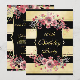 Convites Dourado Elegante Stripes Floral 100th