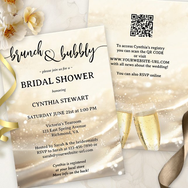 Convites Dourado Esmagamento e Chá de panela espumante (Modern brunch and bubbly bridal shower invitation featuring a festive design with gold sparkles)