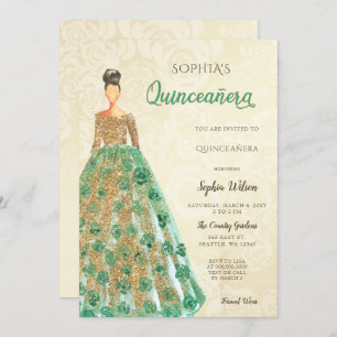 Convites Dourado Esparguete Verde Emerald Dress Quinceanera