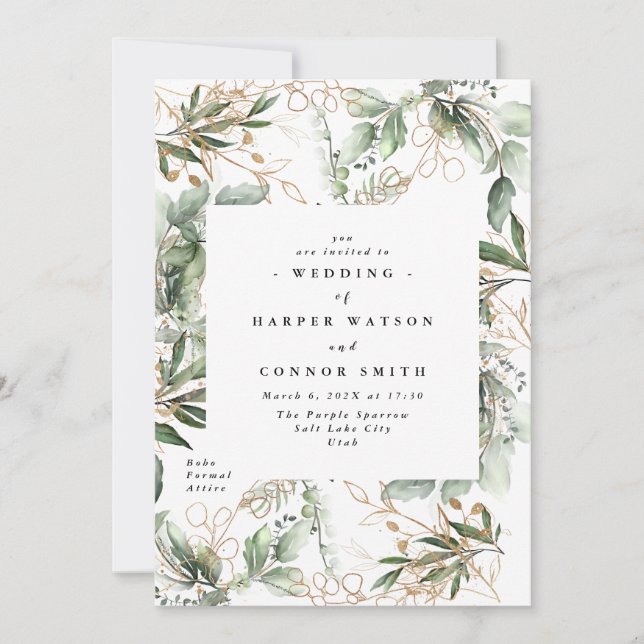 Convites Dourado Eucalyptus Elegante Greenerescência (Frente)