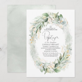 Convites Dourado Eucalyptus Greenery Wreath Boho Baptism