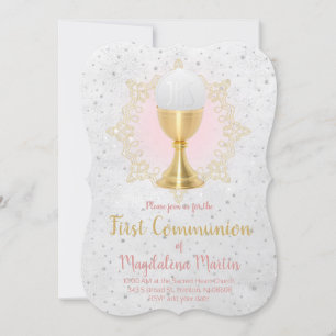 Convites dourado falso e dona de primeira comunhão falsa