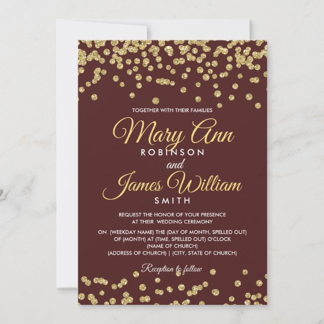 Convites Dourado Faux Glitter Confetti Casamento Elegante M (Frente)