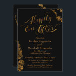 Convites Dourado Feliz de Sempre com Botânicos a Preto<br><div class="desc">Este design apresenta uma fonte de script elegante e única, destacada com corações para renderizar gráficos que retratam as palavras "Feliz Nunca Depois". O gráfico foi sobreposto com um falso efeito folha de ouro para uma vibração comemorativa. Acentos de elementos botânicos realçados a ouro foram adicionados às bordas e ao...</div>