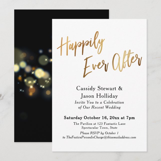 Convites Dourado Felizes para Sempre Bokeh Fundo Preto Rece (Frente/Verso)