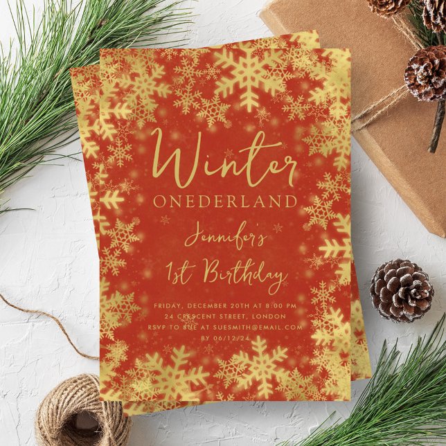Convites Dourado festivo Red Winter ONEDERLAND primeiro ani (Festive Gold Red Winter ONEDERLAND 1st Birthday Invitation)