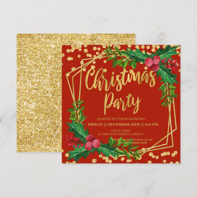 Convites Dourado Festivo Vermelho Holly Glitter Natal (Frente/Verso)