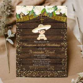 Convites Dourado Fiesta Baptism e Primeiro Aniversário