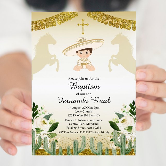 Convites Dourado Fiesta Boy Baptism Christening (Criador carregado)
