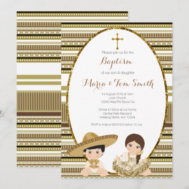Convites Dourado Fiesta Boy & Girl Baptism (Frente/Verso)