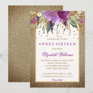 Convites Dourado Floral Amethyst Espumante Sweet Sixteen