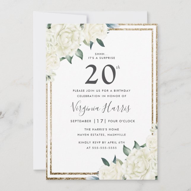 Convites Dourado Floral Branco Brilhante Vinte e 20 (Frente)