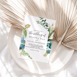 Convites Dourado Floral Com Verde Tropical Casamento De