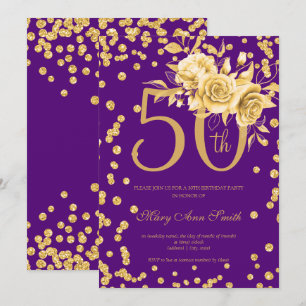 Convites Dourado Floral & Confetti 50º Aniversário Roxo