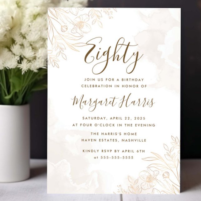 Convites Dourado Floral Deixa Fronteira 80 Oitavo Aniversár (Criador carregado)