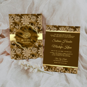 Convites Dourado Floral Musgo Marrom Casamento Islâmico Muç