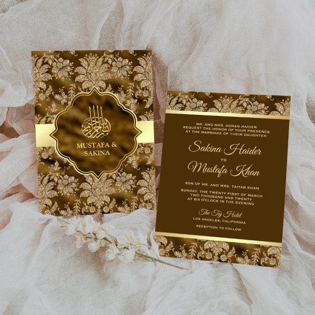 Convites Dourado Floral Musgo Marrom Casamento Islâmico Muç (Criador carregado)