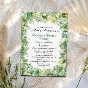 Convites Dourado Floral Teal 1º Aniversário de Casamento