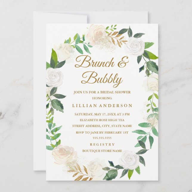 Convites Dourado Floral Wreath Brunch e Chá de panela de Bu (Frente)