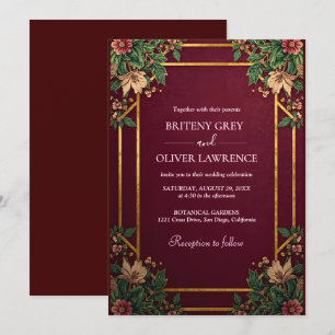 Convites Dourado Geométrico Borgonha e Casamento Floral Ver