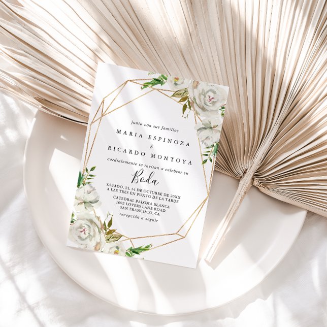 Convites Dourado Geométrico Peony Floral Casamento Espanhol (Criador carregado)