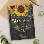 Convites Dourado girassol, madeira de celeiro caipira cinqu<br><div class="desc">Na moda de convite para modelo de da Rússia na quinta-festa de aniversário na terra marrom-escura sobre fundo de madeira apresentando grandes buquês de girassol de ouro amarelo, cordas de luzes cintilantes e um falso roteiro de tipografia de ouro. Fácil de personalizar com seus detalhes! Você pode personalizá-lo alterando ainda...</div>