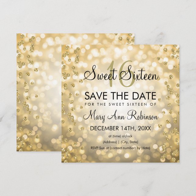 Convites Dourado Glam Doce 16 Dezesseis Luzes Leves (Frente/Verso)