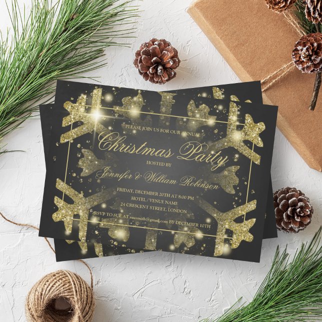 Convites Dourado Glam Glitter Floco de Neve Feriado de Nata (Gold Glam Glitter Snowflake Xmas Holiday Black Invitation)