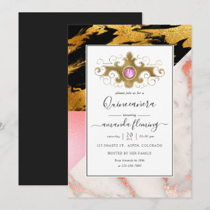 Convites Dourado Glam Glitter Mármore Monograma Quinceañera