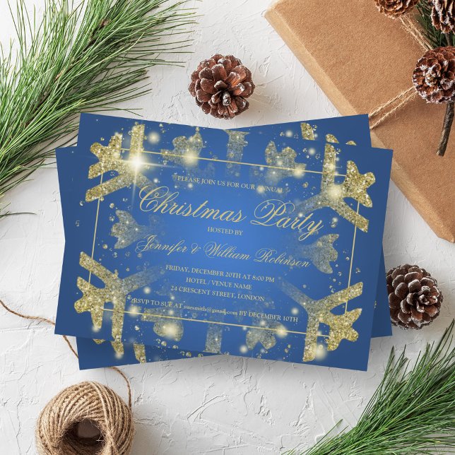 Convites Dourado Glam Glitter Snowflake Xmas Holiday Blue (Gold Glam Glitter Snowflake Xmas Holiday Blue Invitation)