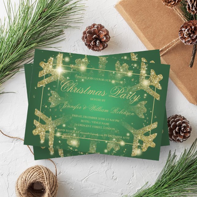 Convites Dourado Glam Glitter Snowflake Xmas Holiday Green (Gold Glam Glitter Snowflake Xmas Holiday Green Invitation)