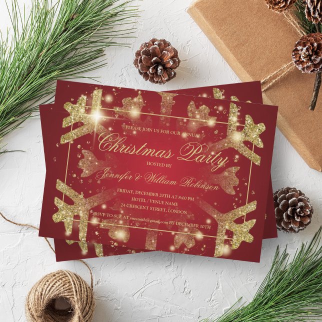 Convites Dourado Glam Glitter Snowflake Xmas Vermelho Natal (Gold Glam Glitter Snowflake Xmas Holiday Red Invitation)