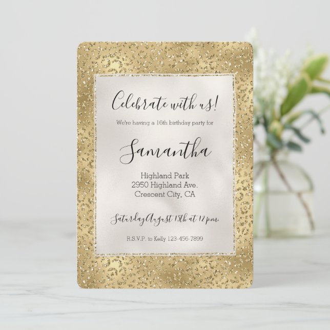 Convites Dourado Glam Glitzy Glitter Impressão Leopardo (Em pé/Frente)