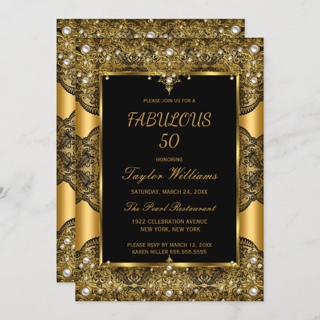 Convites Dourado Glamor 50 Glamor Preto Lace Pearl (Frente/Verso)