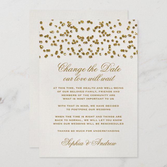 Convites Dourado Glamor Glitter Confetti Altere a Data (Frente/Verso)