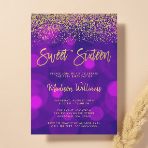 Convites Dourado Glitter 16 de Bokeh Roxo Moderno