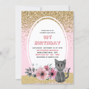Convites Dourado Glitter Adorable Watercolor Kitten Wilk On