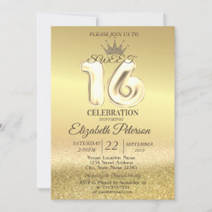 Convites Dourado Glitter Bokeh Ombre, Tiara, Doce Festa 16