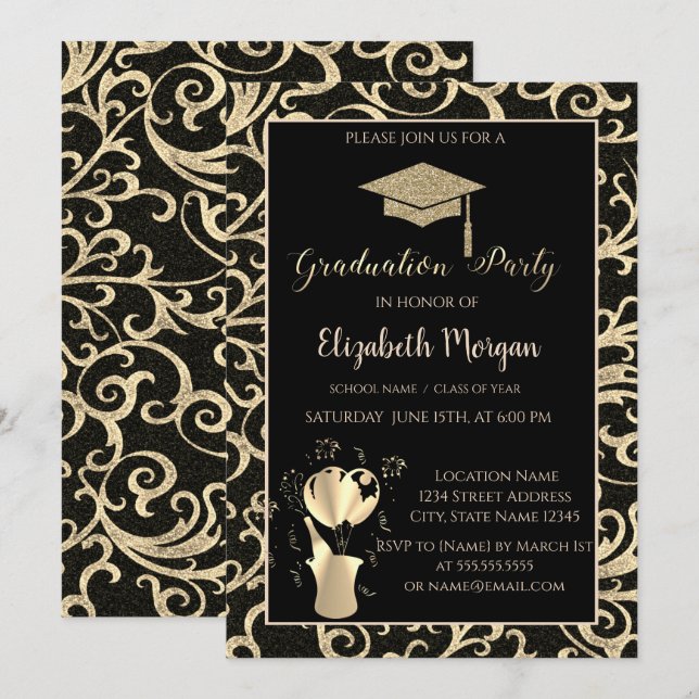 Convites Dourado Glitter Boné de formatura SwirlsGraduação (Frente/Verso)