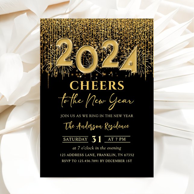 Convites Dourado Glitter Cheers Party 2024 (Criador carregado)